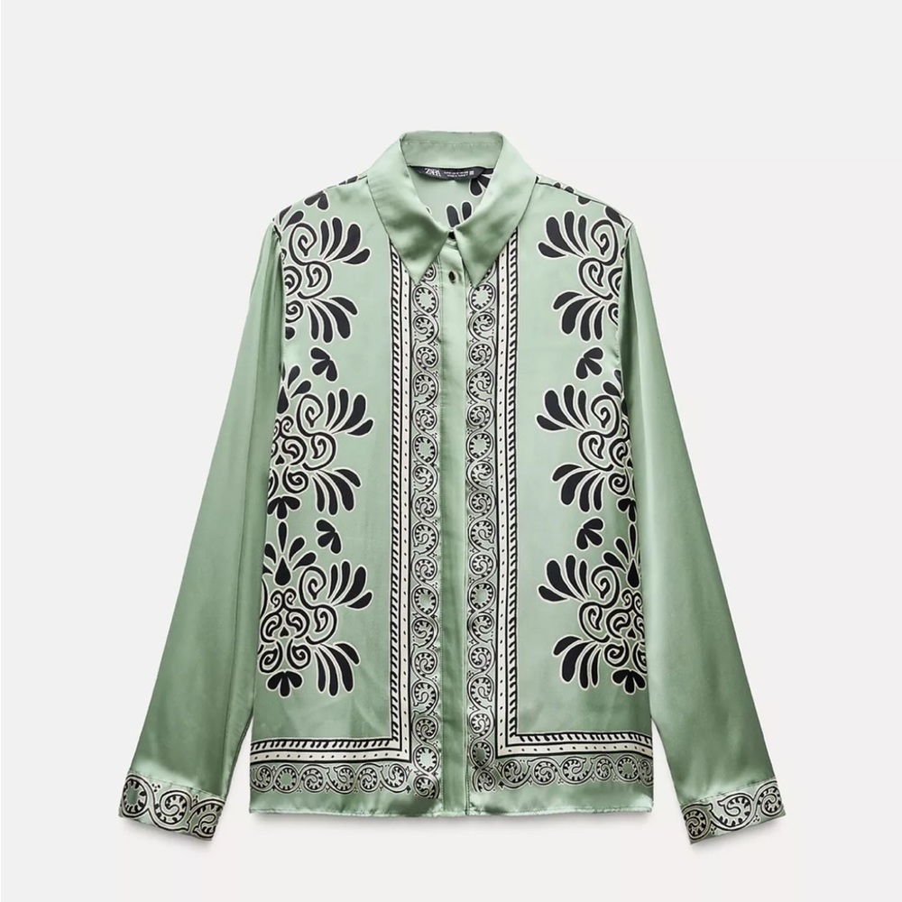 Zara New With Tags Green and Black Patterned Satin Effect Blouse. XL - Picture 2 of 2